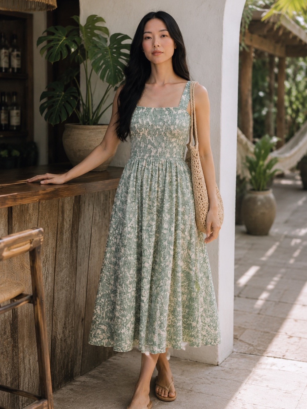 NWT Smocked Square-Neck Midi Dress in Sage Green Floral